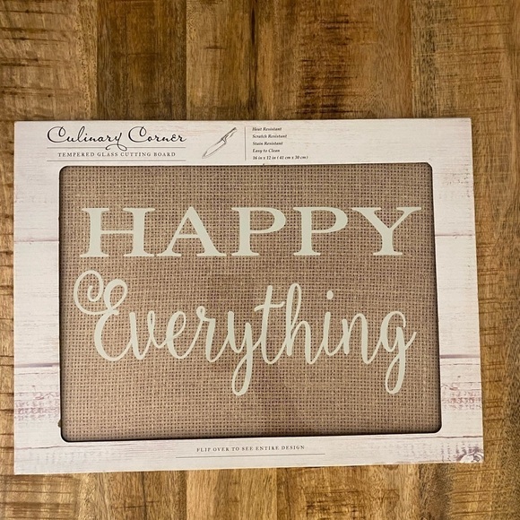 GLASS CUTTING BOARD 16x12 says HAPPY EVERYTHINg - Picture 1 of 12